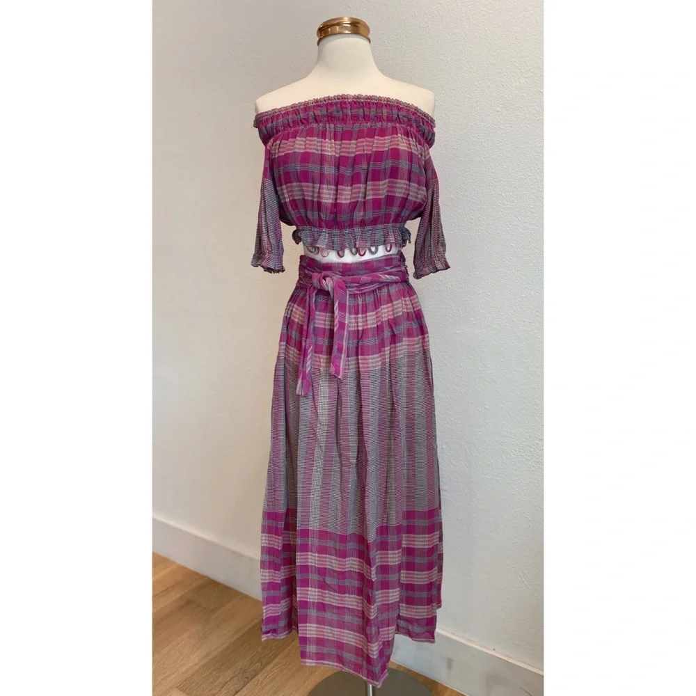 FULL SET Matching Set Apiece Apart Plaid Midi Skirt & Off the Shoulder Crop Top